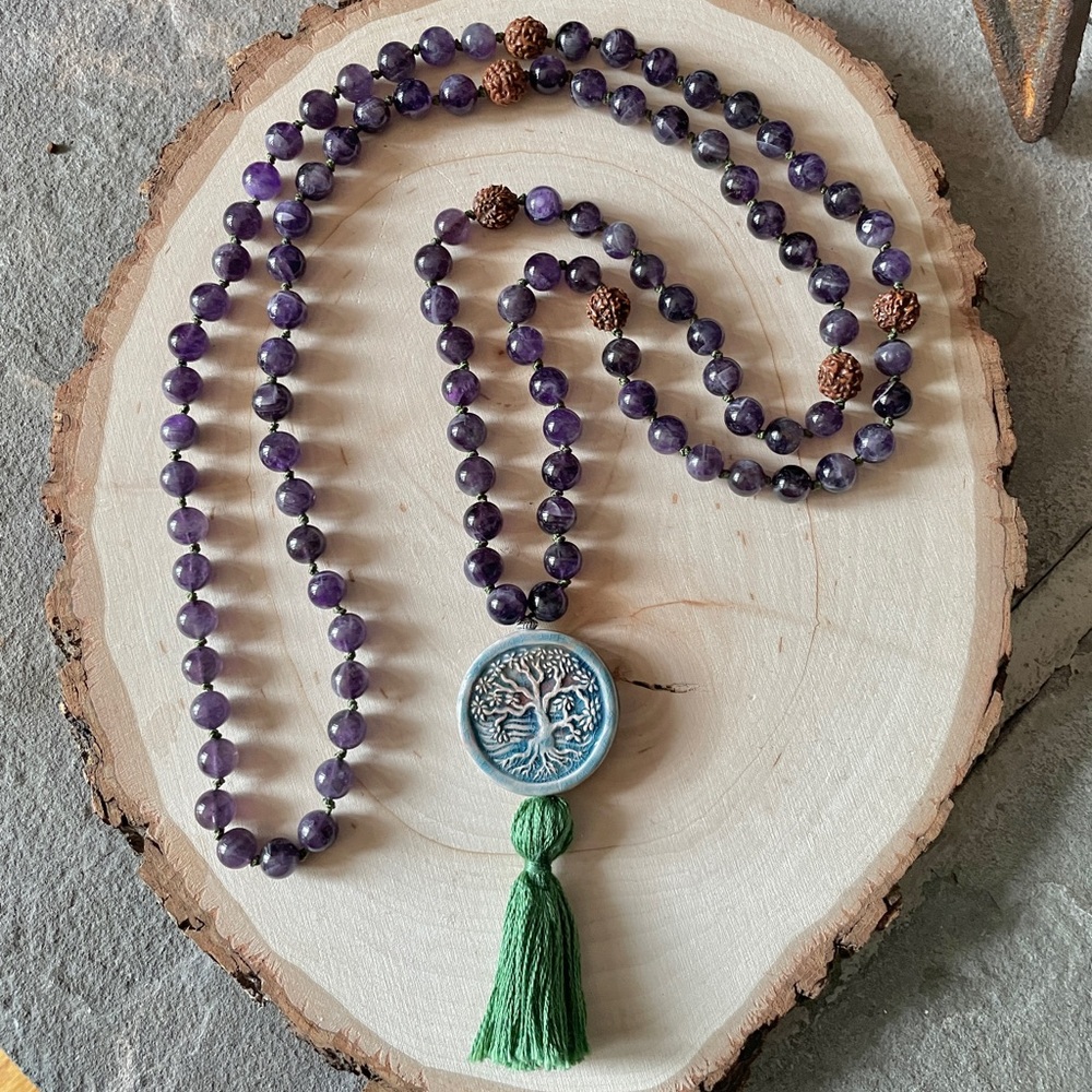 Tree of Life Mala Necklace, 8mm Amethyst 108 Bead Crystal Mala, Japa Mala